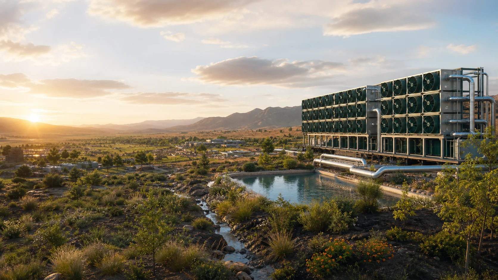 A CO₂Zero Oasis facility supporting new vegetation in an arid region