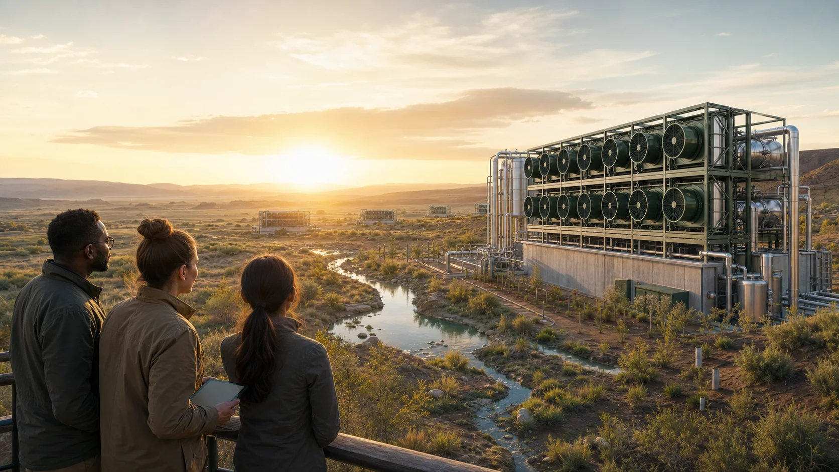 A future community overlooking an operating CO₂Zero Oasis facility